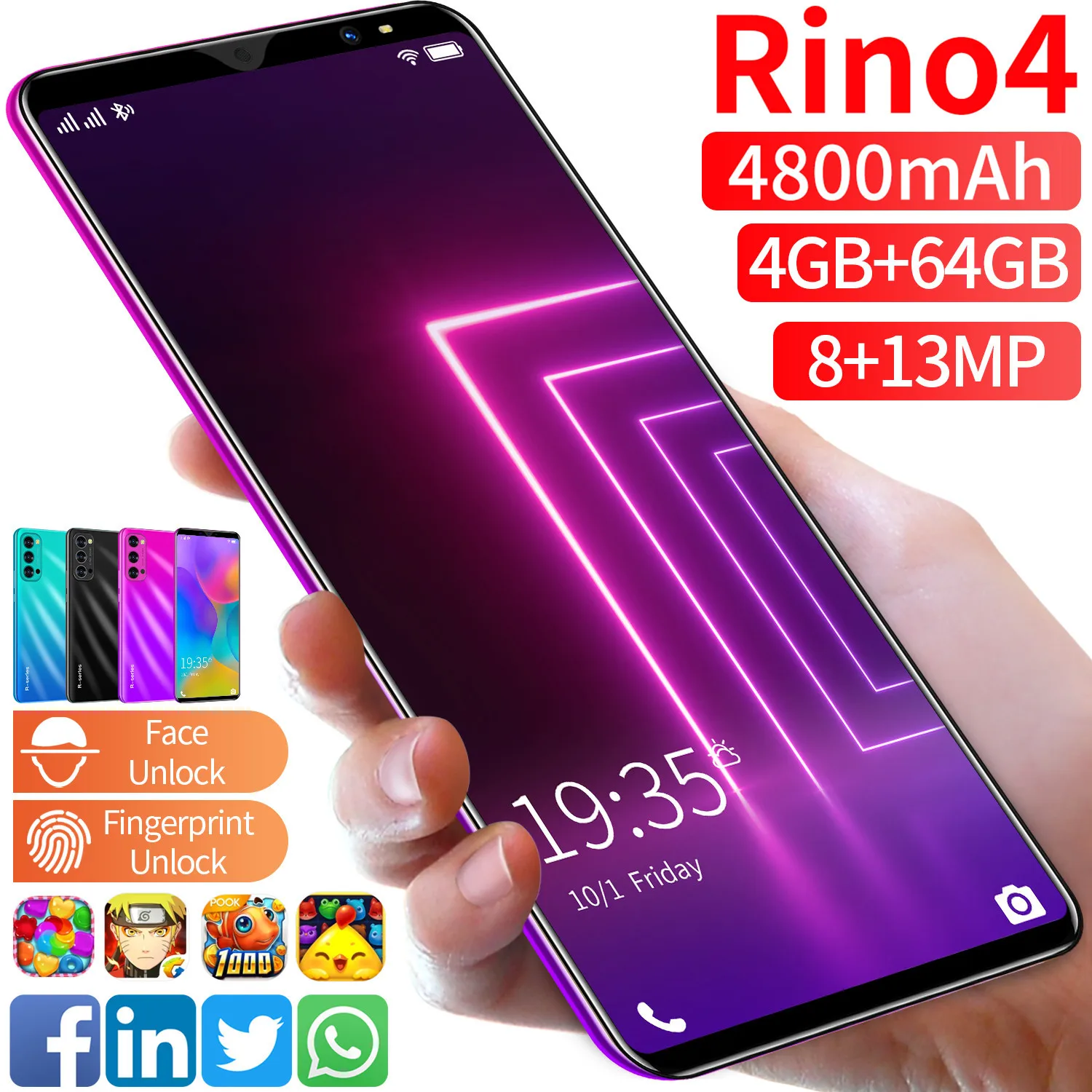 

Rino4 5.0 Smartphone Globale Version 4800mAh Entsperren Really 4G 5G Android 10 8MP+13MP 4GB+64GB Celulares Unlocked Cell Phone