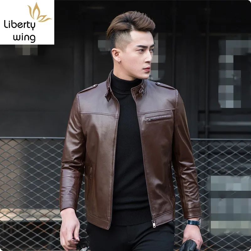 Роскошное мужское приталенное пальто из натуральной кожи с воротником-стойкой