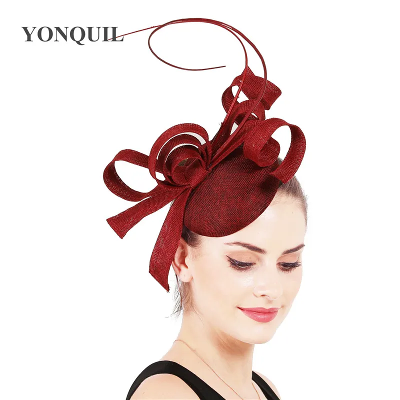 Бургундия Champagne imitation sinamay fascinator ladies wedding hats royal floral with feathers headwear hair clips occasion church event - Цвет: Бургундия