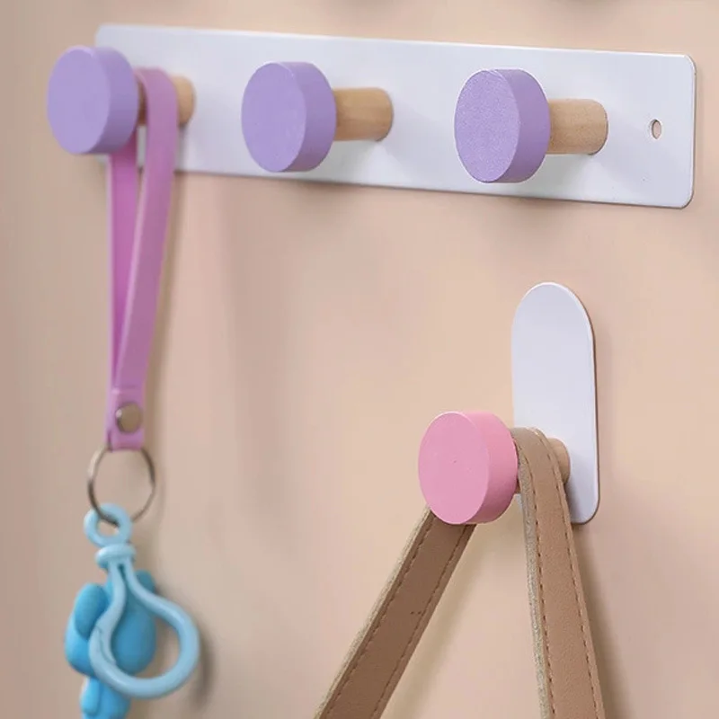 

Wooden Macaron Color Self Adhesive Wall Coat Rack Key Holder Rack Towel Hooks Clothes Rack Hanging Hooks Bathroom Accessories
