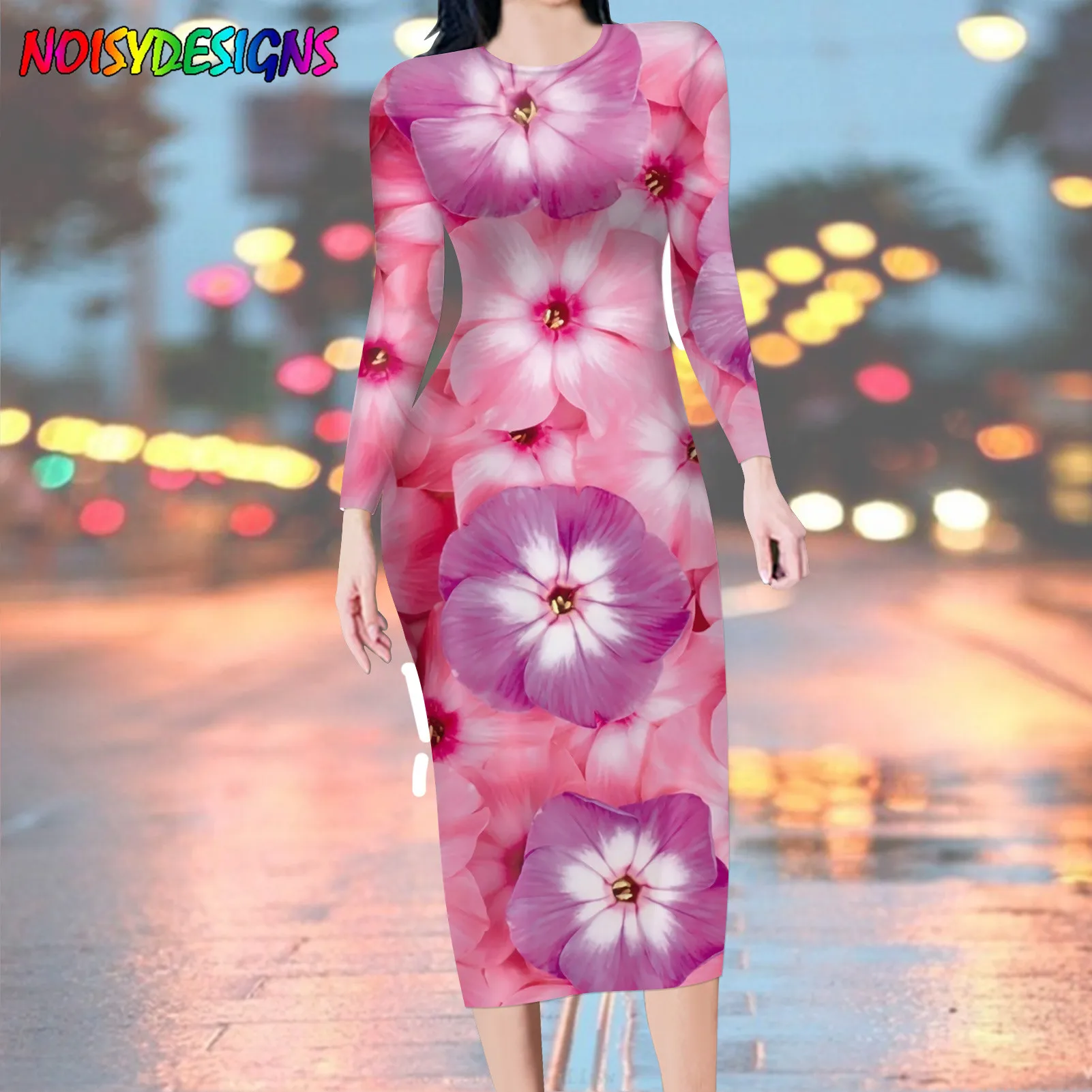 NOISYDESIGNS Fashion Pansy Flowers Printing Round Neck Long Sleeve Women Maxi Dress Office Lady Casual Clothes Vestido De Mujer