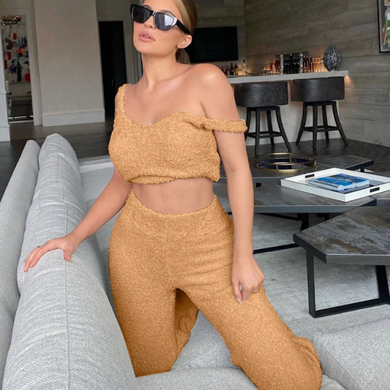 

2020 tops 2pcs Pajama Sets for Women Home Clothes Plush Crop Pencil Pants Set Casual Autumn Pajama Solid Pijamas Pajama Women