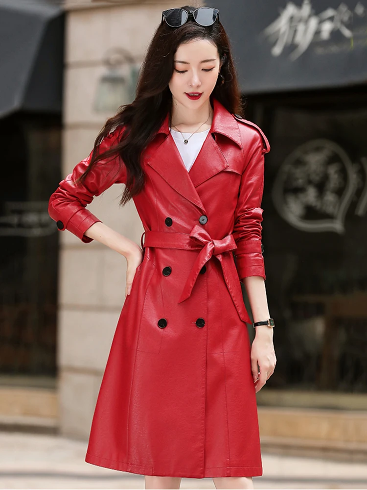 New Women Leather Trench Coat Spring Autumn 2022 Elegant Fashion Single Breasted Solid Slim Sheepskin Coat Leather Outerwear