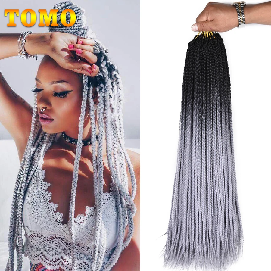 

TOMO 24 Inch Colorful Box Braids Crochet Hair Ombre Synthetic Zizi Braiding Hair Extensions Black Purple Blue Color 22 Roots