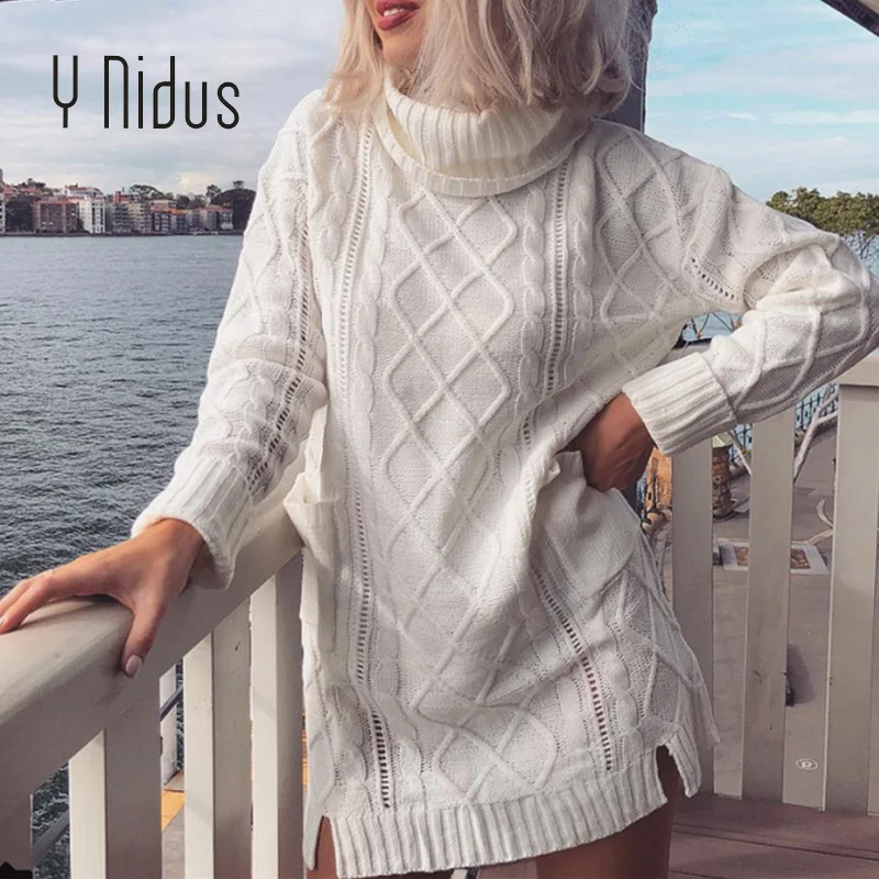 Women Pullover Winter White Sweater Dress Female Turtleneck Argyle Weave Full Sleeve Loose With Pocket Knit Long Jumper | Водолазки