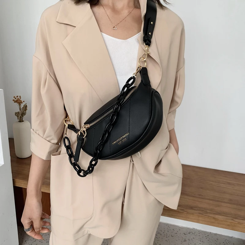 

2021 New In Messenger Bag Women Hobos Letter Chains Single Shoulder Chest PU Leather Handbag Wide Straps Day Clutches