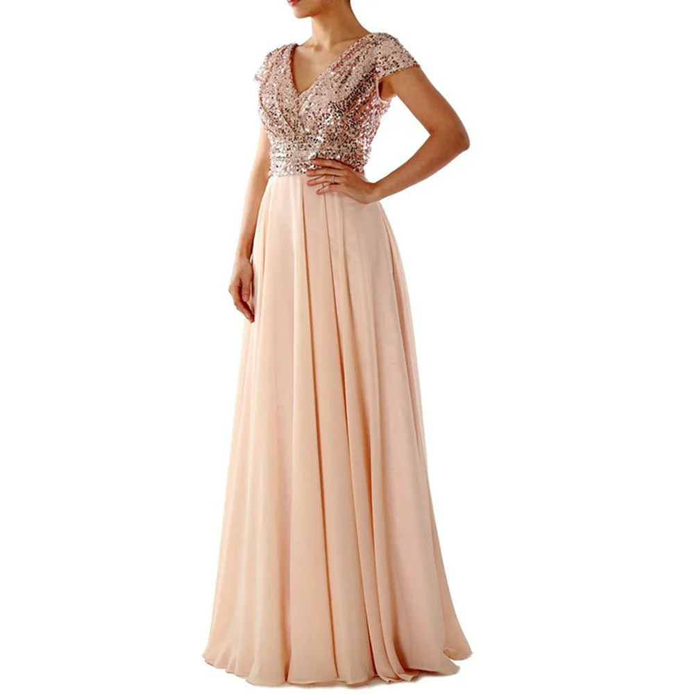 

Розово-золотые блестки страна Стиль пол Длина серии шифон официальное свадебное Гость платья для выпускного вечера, v-образная горловина, в...