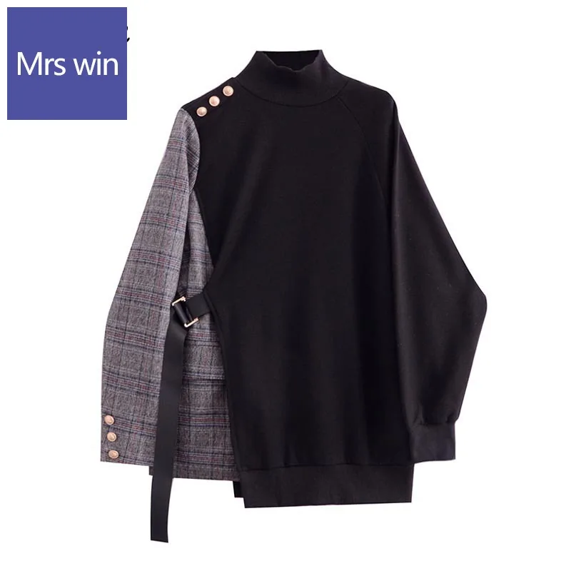 

Neploe Panelled Plaid Patchwork Hoody 2020 Autumn Loose Irregular Drawstring Hoodies Women New Chic Button Femme Jacket 1G669