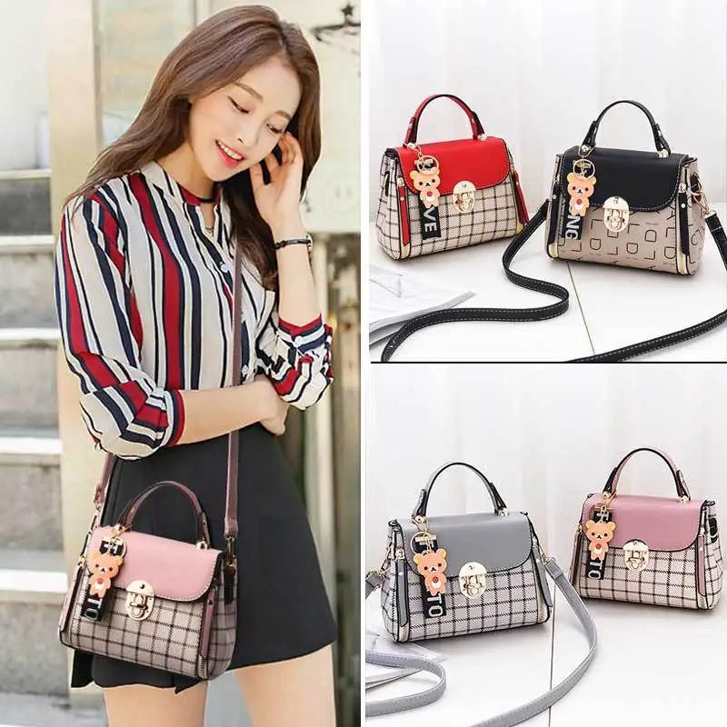 

Pattern Plaid PU Leather Crossbody Bags For Women 2021Shoulder Messenger Bag With Cartoon Pendant Girl Travel Lock Handbags