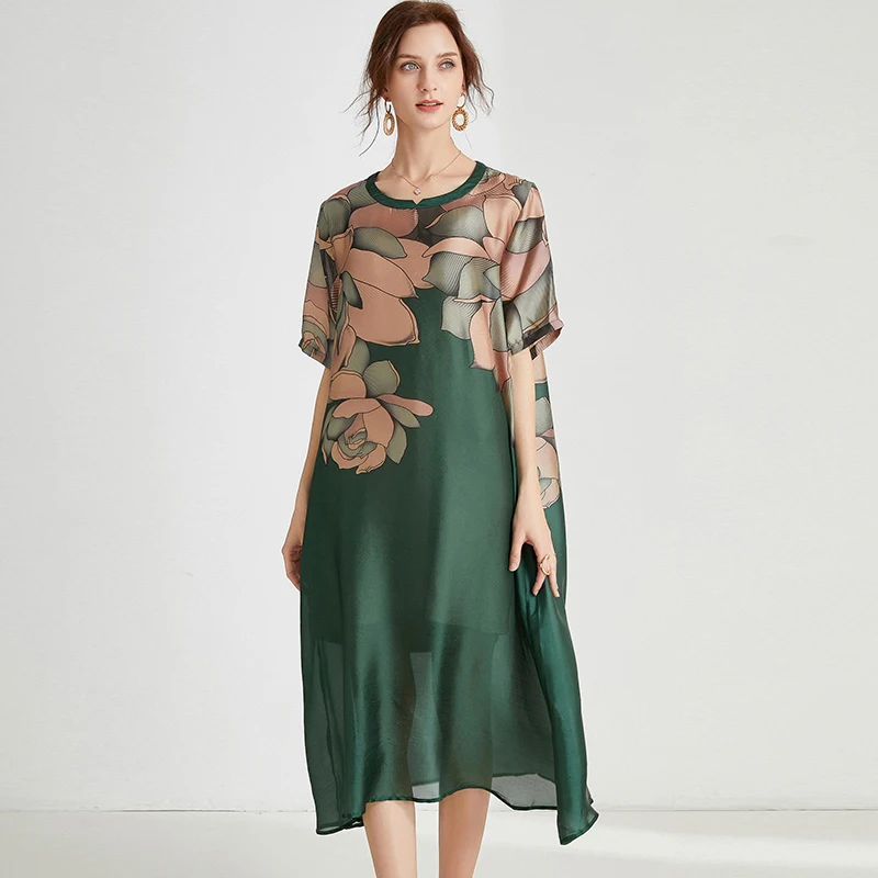 

Women Summer Chiffon Dresses 2020 Plus Size Flower Print Green Patchwork Beach Casual Loose Oversized Dresses Female 4XL