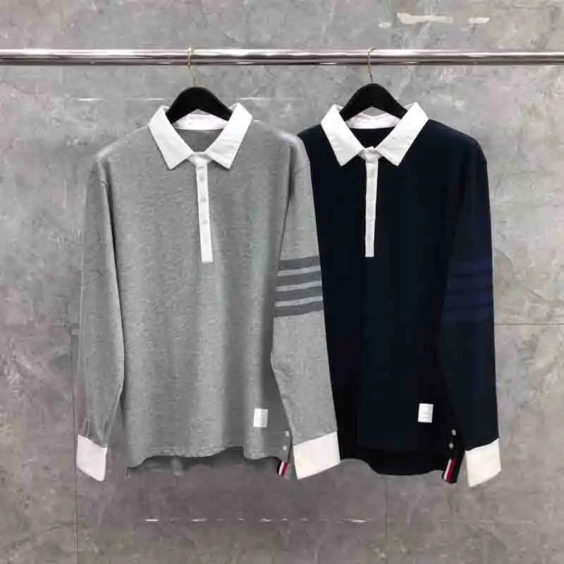 

TB THOM Men's Shirt Spring Autumn Fashion Brand Men's Clothing Cable 4-bar Stripes White Collar Patchwork Polo Casual Tb T-shirt