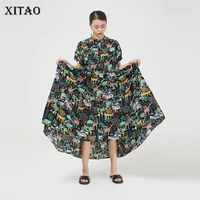 xitao cartoon print pattern dress women 2020 summer casual fashion new style temperament stand collar short sleeve dress zp1346
