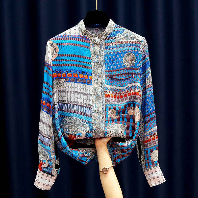 

Elegance Ladies O Neck Long Sleeve Geometric Pattern Blouses Women Tops Clothes Shirt Spring Autumn Women Blouse And Shirt LS031
