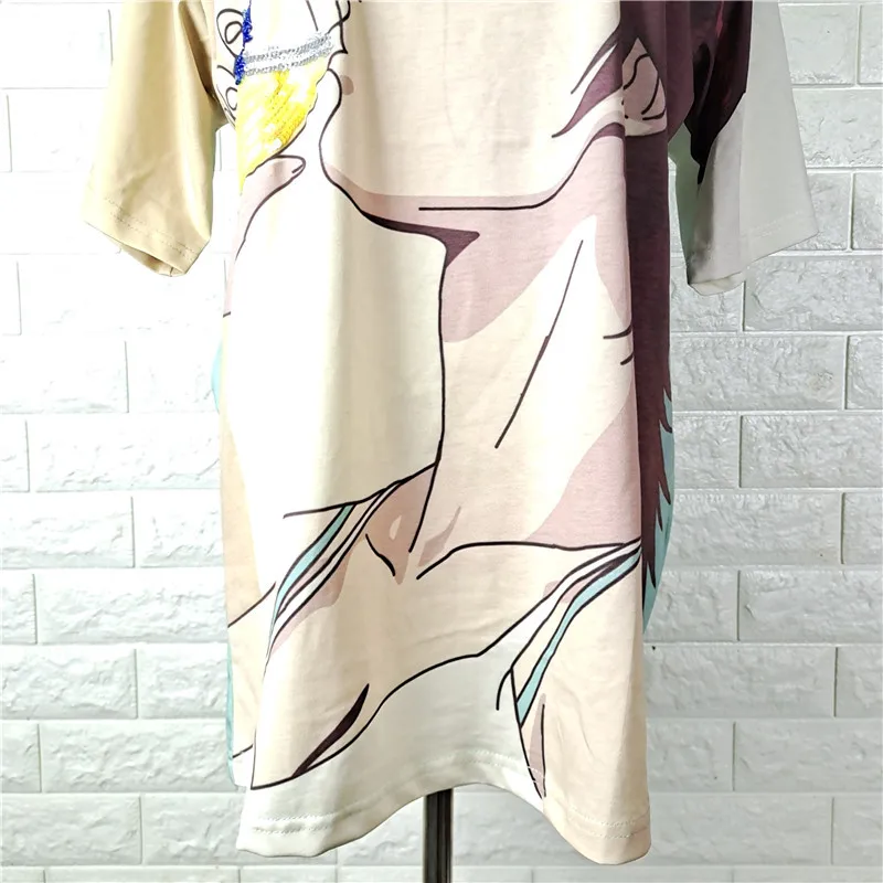 

Spring Summer Sequins Beading Cartoon Printed T-shirt Women Street Sweet Loose Fit Short Sleeve Tops T Shirt Light Green S-L