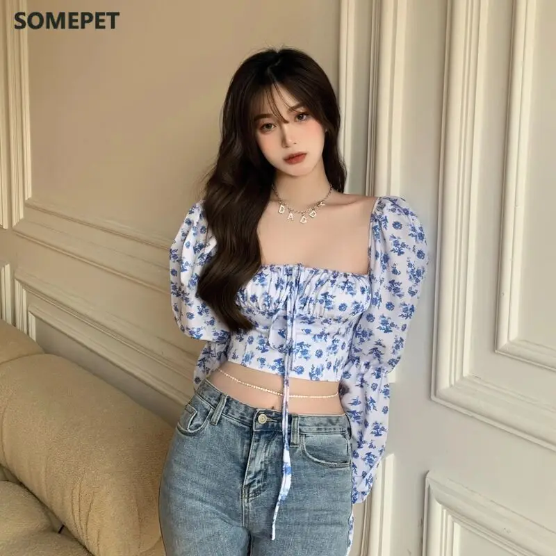 

2021 New Floral Top Women White Sweet Square Neck Long Puff Sleeve Ruched Drawstring Crop Top Summer Woman Party Blouse