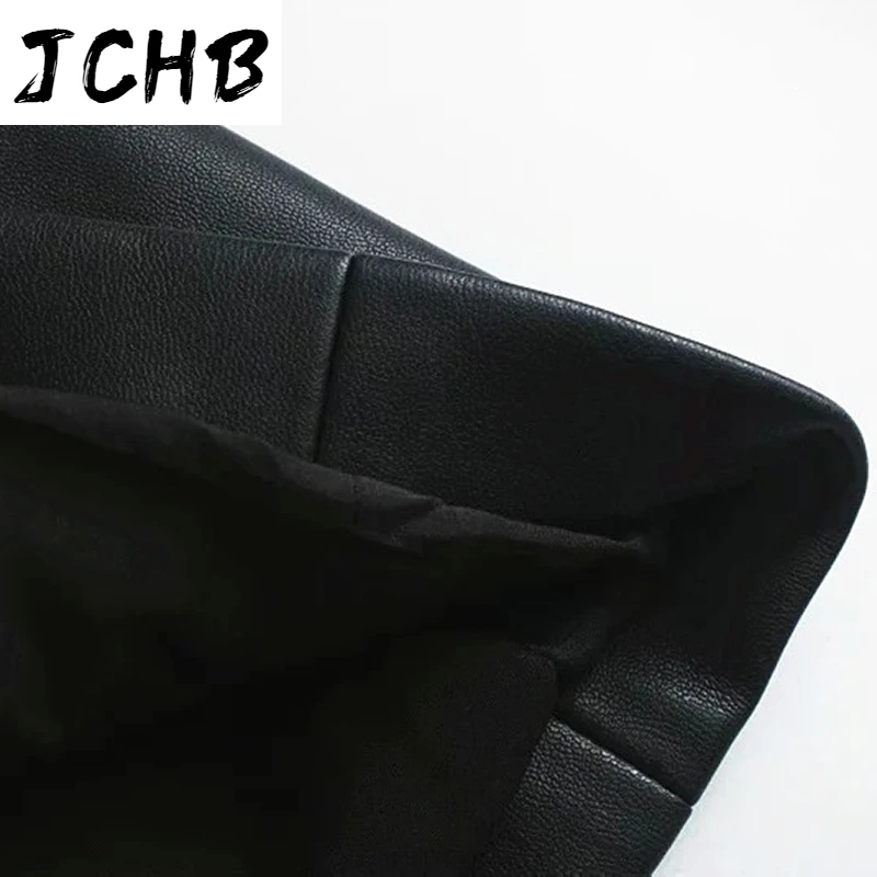 

SHZQJCHB Notched Neck Black Blazer Women Faux Leather Elegant Jacket Double Breasted Vintage Coat Female Solid Lady Outerwear