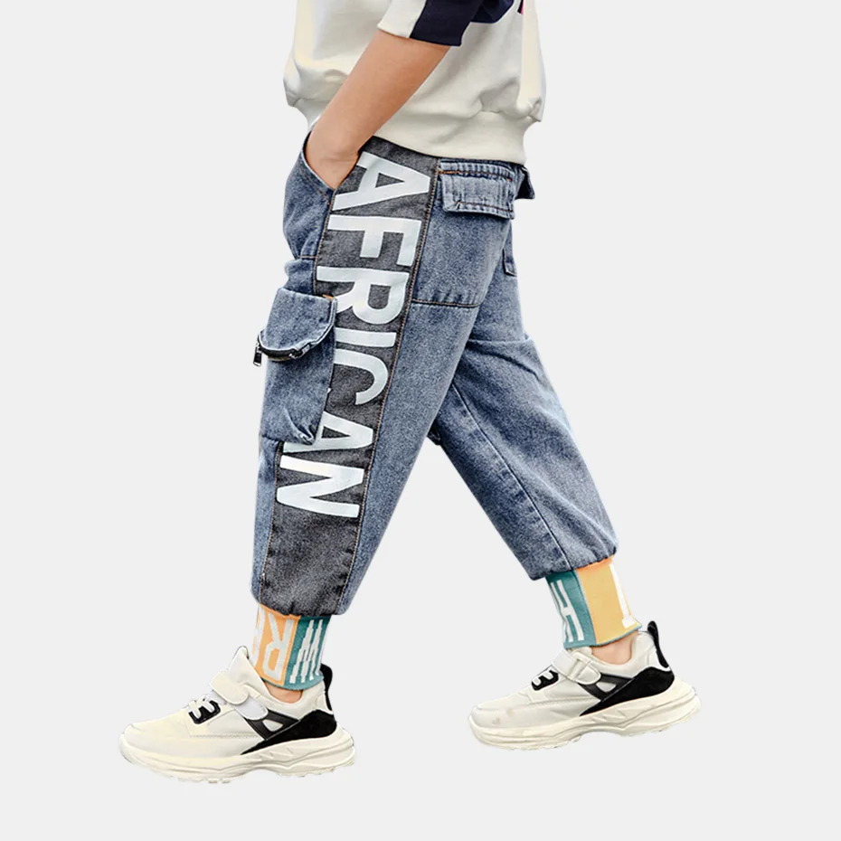 Новые джинсы для мальчиков с буквенным принтом детские эластичной резинкой на