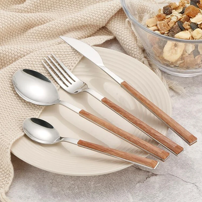 

24Pcs 304 Stainless Steel Dinnerware Sets Glossy Silver Wooden Tableware Western Food Knife Fork Teaspoon Cutleries