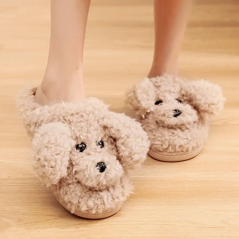 

Woman Slippers Winter Shoes Cut Lovely Dog Faux Fur Slides Plush Slippers Soft Sole Indoor Shoes Women beige Fluffy Slippers