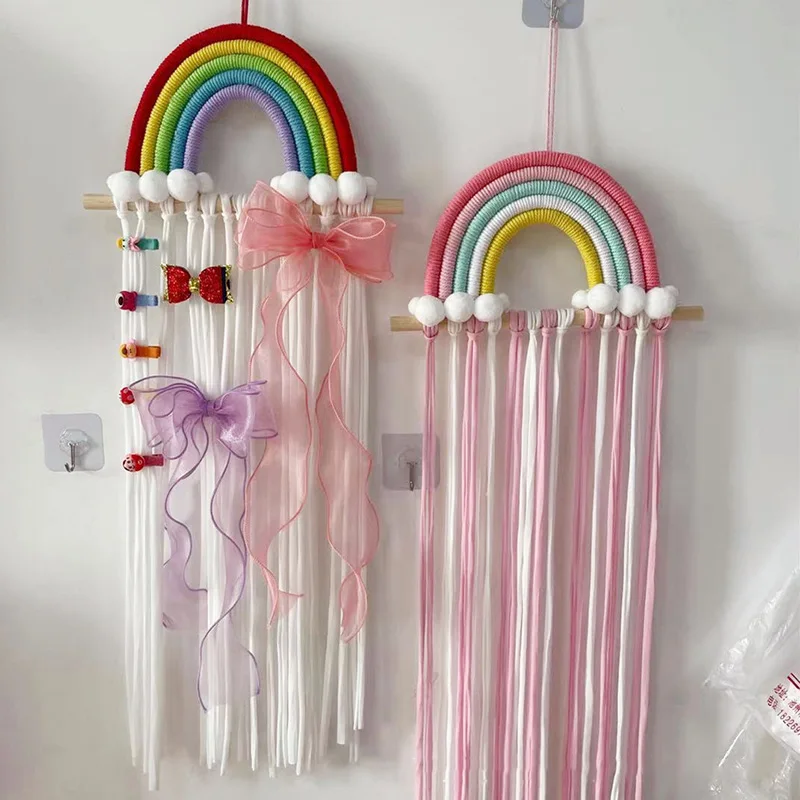 Rainbow Weaving Hair Accessories Storage Rope Hair Bows Clips Headbands Hanger Wall Hanging Organizer