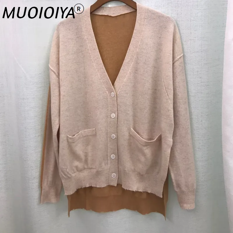 

V-neck 100% Cashmere Sweater Women's Hem Split Loose Pockets Color Patchwork Knitted Cardigans
