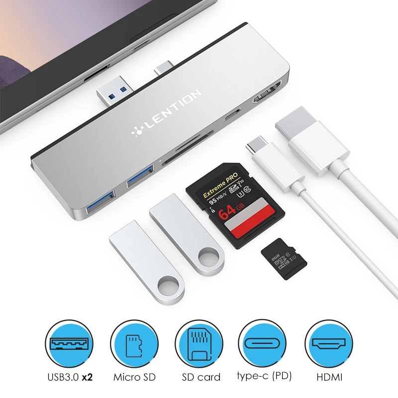 Lention USB 3.0 HUB Multi to USB3.0 Port HDMI SD/TF Docking Station for Microsoft Surface Pro 7 Splitter Adapter PD Charge | Компьютеры и