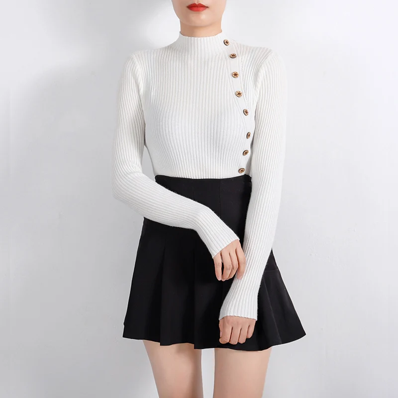 Autumn O-neck Sexy Slim Sweater Botton Desgin Knitted Pullover Women Casual Vintage Sweater Colthing Female Knit Tops