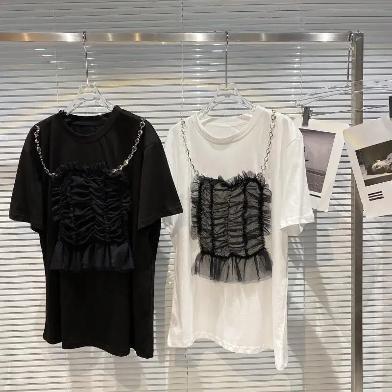 

2021 Summer New Mesh Pleated Chain Stitching Design Round Neck Short Sleeve T-shirt Woman Tshirts Tops