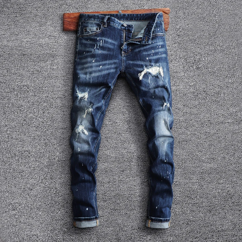 Italian Style Fashion Men Jeans Retro Blue Elastic Slim Fit Destroyed Ripped Jeans Men Brand Designer Hip Hop Splash Denim Pants