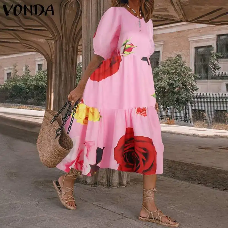 

VONDA Plus Size Dress 2021 Women Casual O Neck Short Lantern Sleeve Floral Printed Dresses Bohemian Vestidos Femme Sundress 5XL