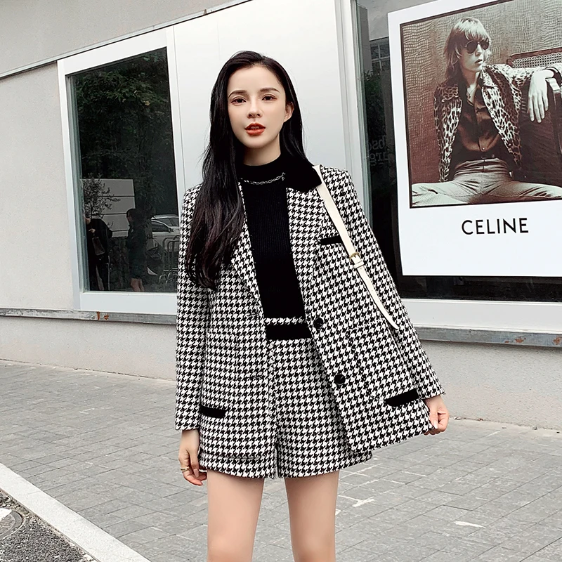 

High Quality Woolen Houndstooth Suit Jacket Trouser Suit Women Winter Retro Notched Long Blazer High Waist Shorts Two Piece Sets
