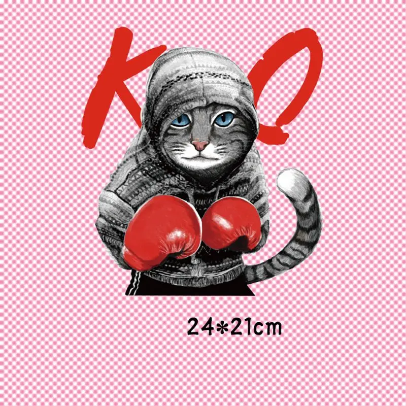 

24x21cm Fashion Boxing Cat Animal Iron On Patches For DIY Heat Transfer Clothes T-Shirt Thermal Stickers Decoration Printing