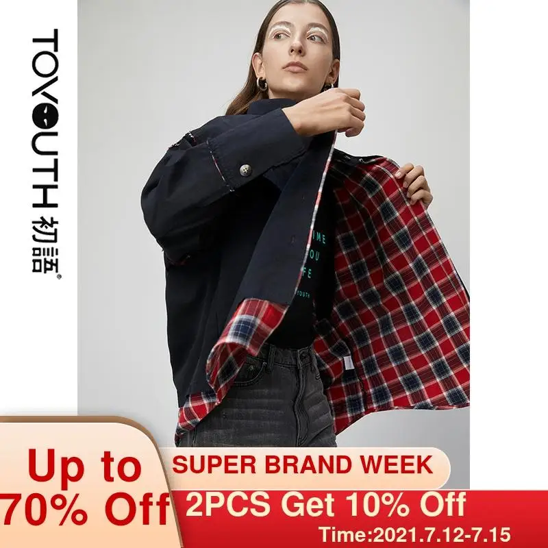Женская куртка в клетку Toyouth BF черная однобортная стиле пэчворк с длинным рукавом
