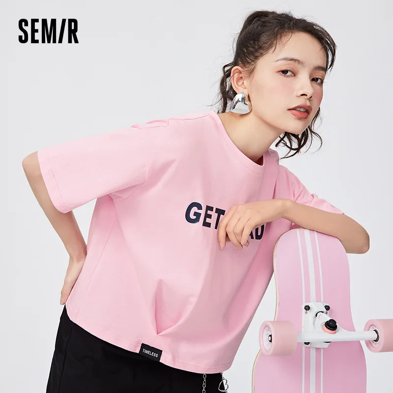 

Футболка SEMIR женская с коротким рукавом, трендовая короткая футболка Ins, шикарный контрастный топ с надписью, лето 2021