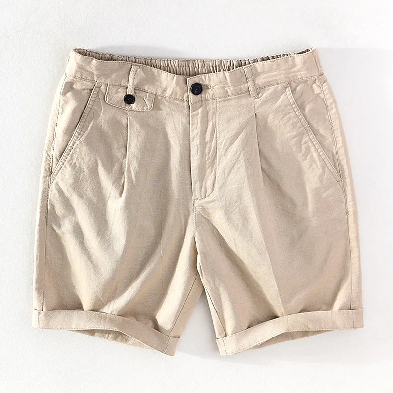 

H002 Men's Casual Straight Cargo Shorts Summer Simple Thin Linen Cotton Breathable Solid Color Stretch Waist Nine-Point Pants