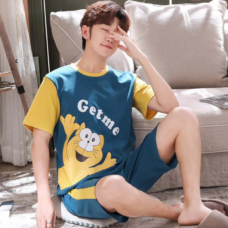 

Korean Sportswear Summer Cotton Cartoon Soft Sleepwear Comfortable Loose Casual Oversized Round Neck Men's Homewear Suit Pajamas