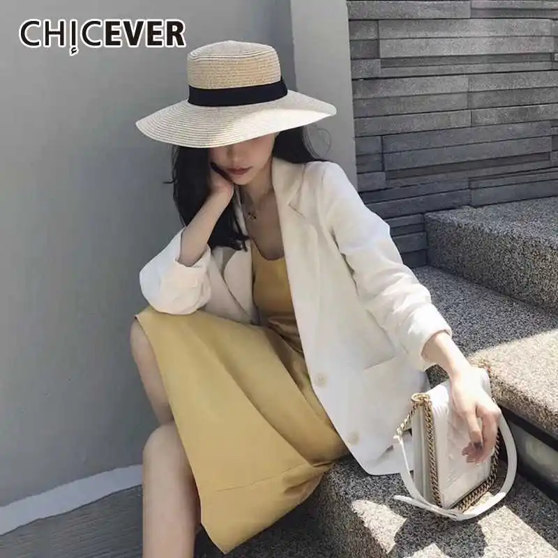 

Летний Повседневный Женский комплект CHICEVER из двух предметов, белый блейзер с отворотом и длинным рукавом и платье до середины икры на брете...