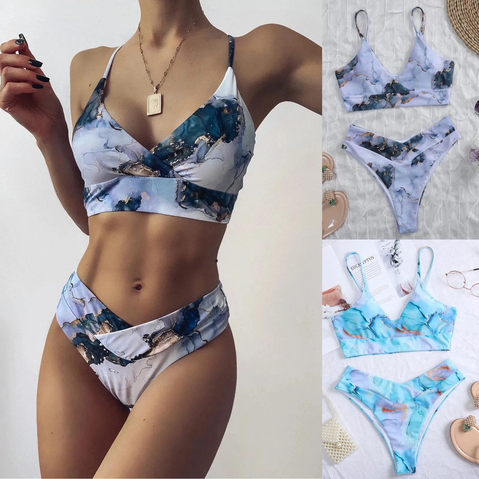 

Women Push Up High Cut Hight Waist Bikini Set Two Piece Water Color Swimsuit купальники женские 2021 #g