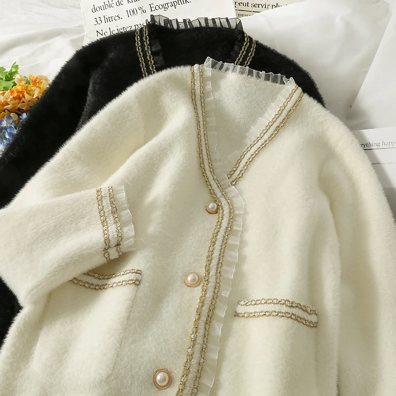 

Женский однобортный Кардиган, Яркий шелковый Свободный кардиган с длинными рукавами и отстрочкой в виде деревянных ушей, Осень-зима 2021