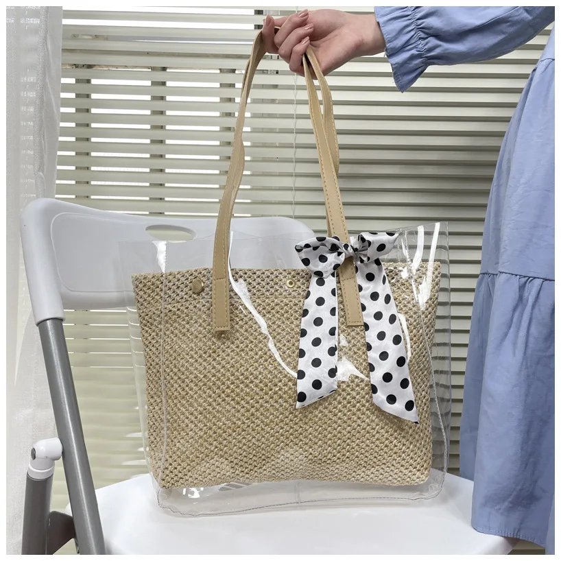

Женская сумка, новинка 2021, Корейская сумка на одно плечо, большая емкость, прозрачная, прозрачная хозяйственная сумка, соломенная тканая сум...