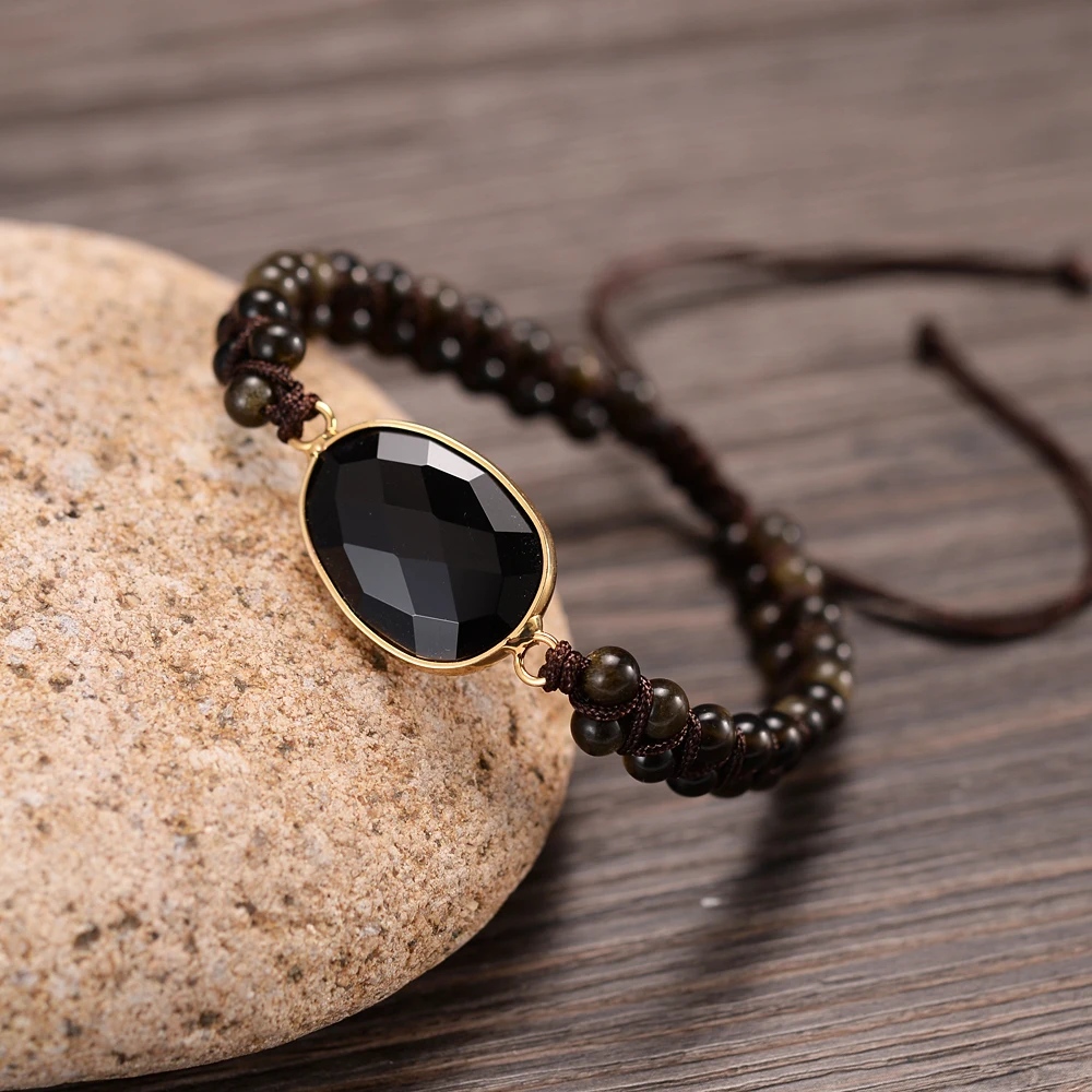 Черные граненые камни 4 мм обсидиановые браслеты ручной работы двухслойные