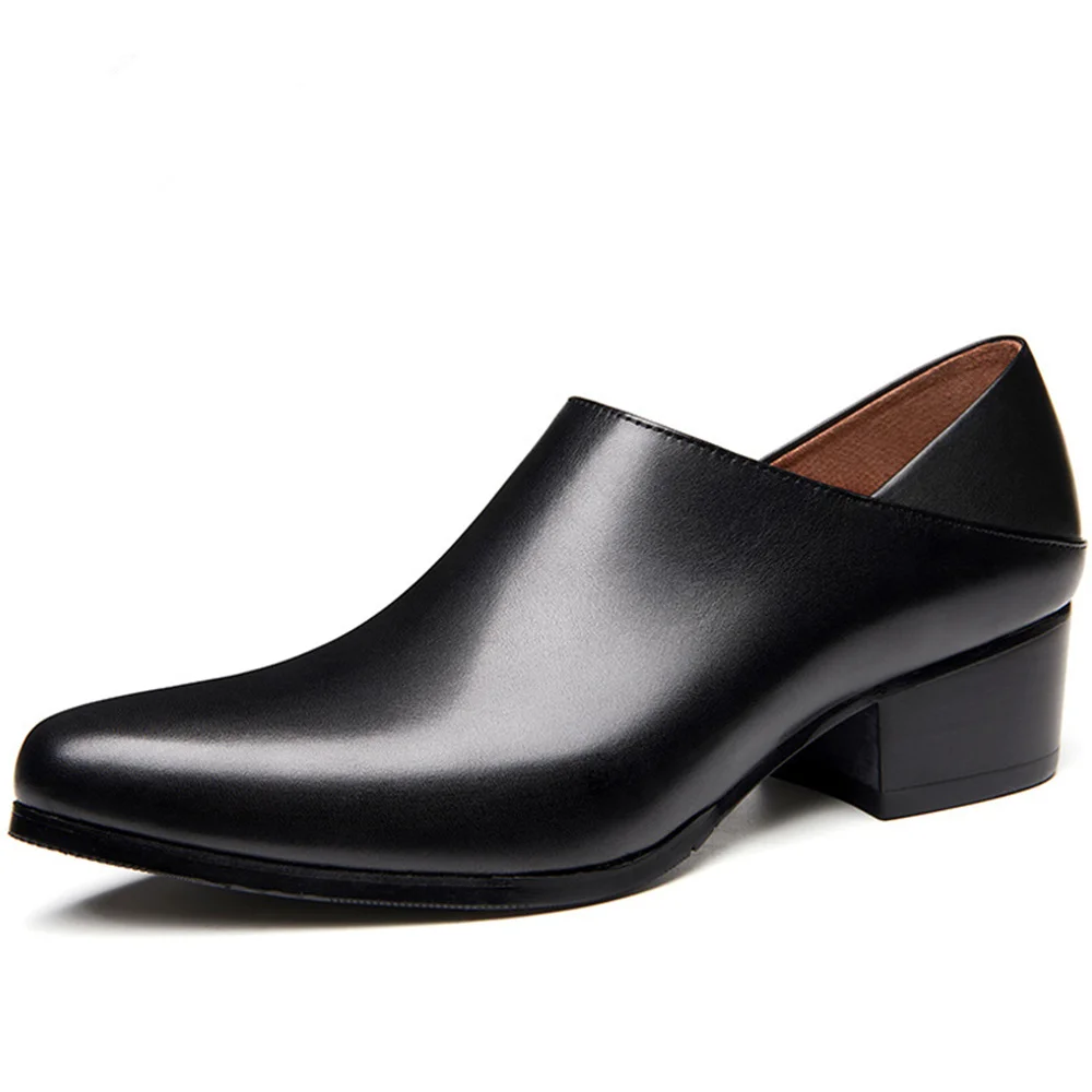 Men Shoes Leather Black Slip on Business Work Oxford Pointed Toe High Heels Causal Dress