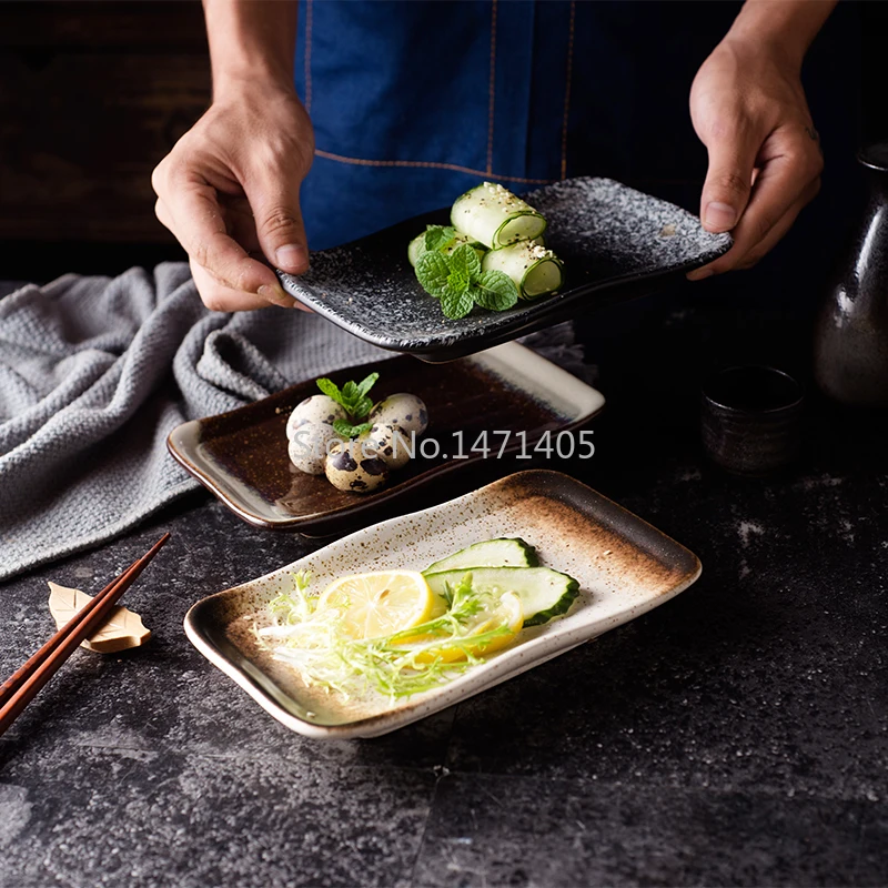 

Japanese Cuisine Sushi Plate Ceramic Rectangular Plate Dish Dessert Snack Barbecue Flat Dish Hot Pot Creative Tableware