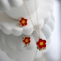 dainty enamel red flower pendant 14k gold stud earrings for girls chain choker lady necklaces stainless steel jewelry for women