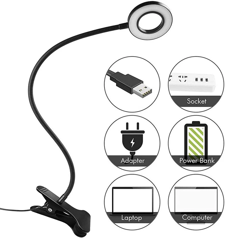 

3 Light Colors Changeable Desk Lamp Brace Dimmable Clamp on Table Lamp Lights for Books in Bed Desk for Reading Clip on