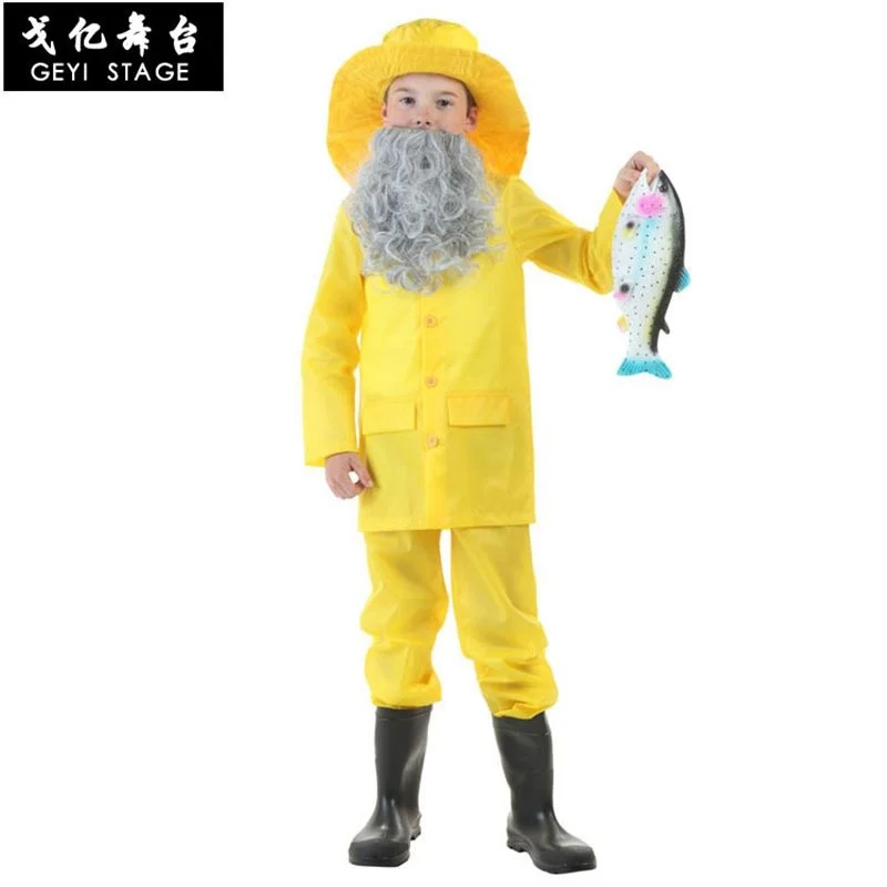 

Cos fisherman costume Halloween children's day performance costume adult children's fishing costume bright yellow raincoat paren