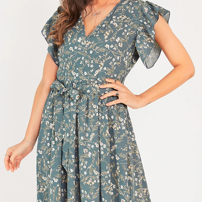 

New Summer Women Long Dress Holiday Style Blue A-line V-neck Bow Belt Floral Print Short-Sleeve Slim Sweet Elegant Dresses