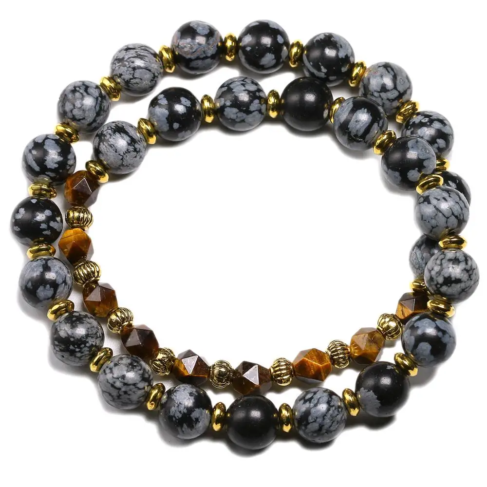

Natural Snowflake Obsidian 27 Beads Mala Bracelets Double Loop Meditation Yoga Health Bracelet Golden 8MM