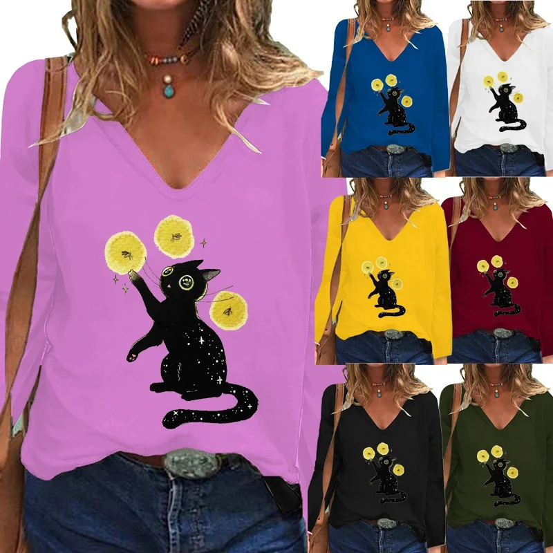 

Women's Autumn Fashion Casual Deep V-neck Long Sleeve Shirt Cartoon Printed Shirt Loose Ladies T-shirt XS-5XL
