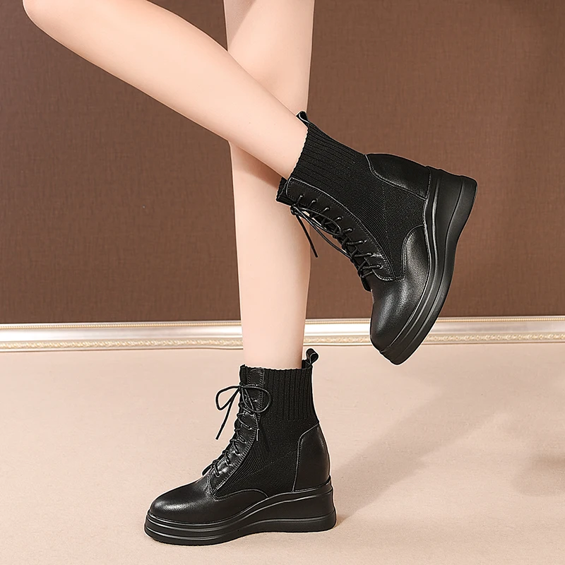 

2021 Socks Boots Women Autumn Winter lace up Ankle Boots High Heels Wedges Platform Casual Shoes Woman New Genuine Leather Shoes
